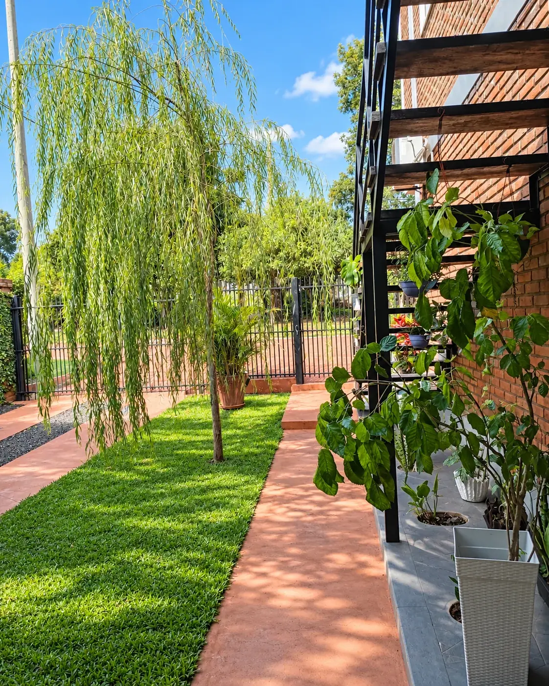 Jardín y acceso exterior de La Casa del Sauce